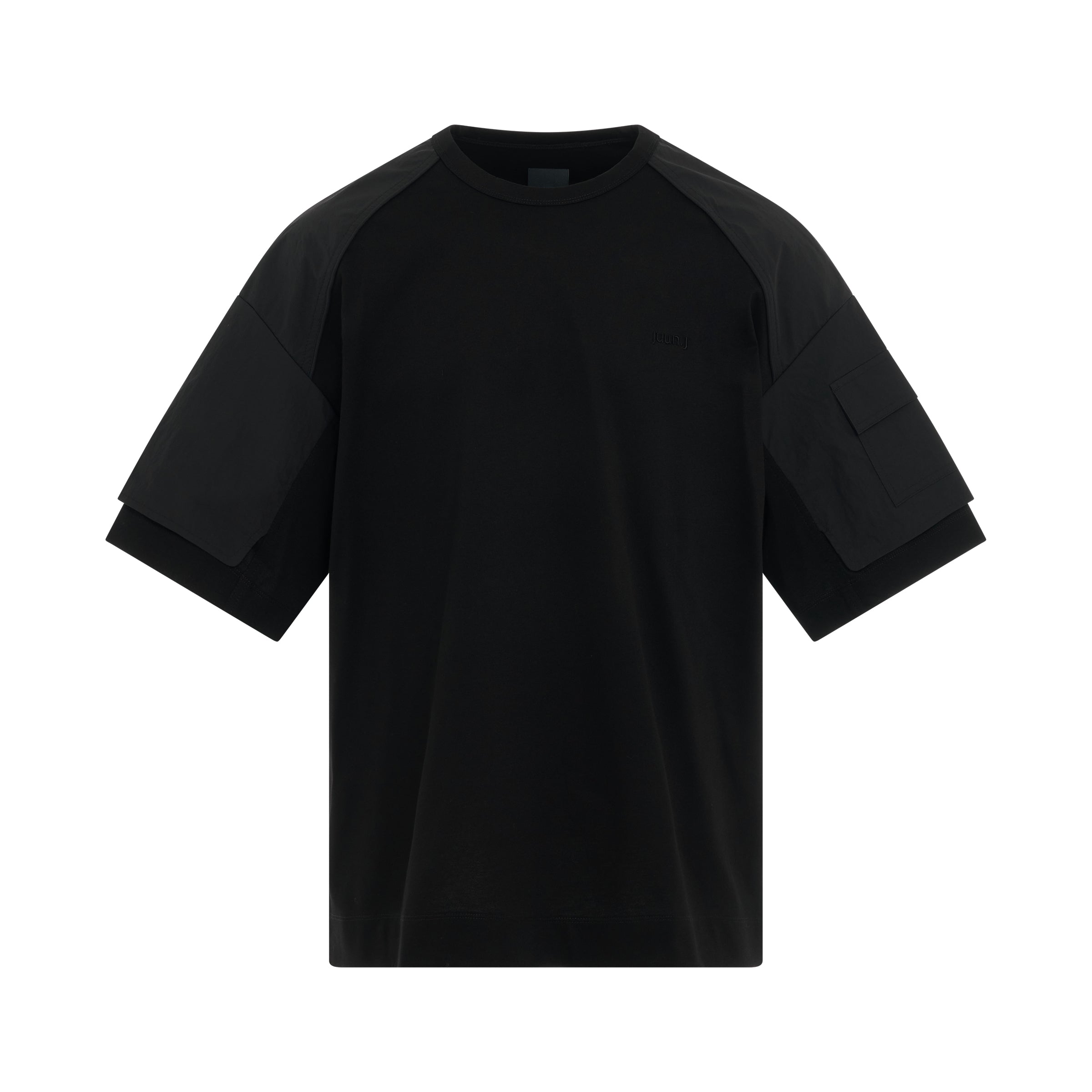 Nylon Layered Cotton T-Shirt in Black