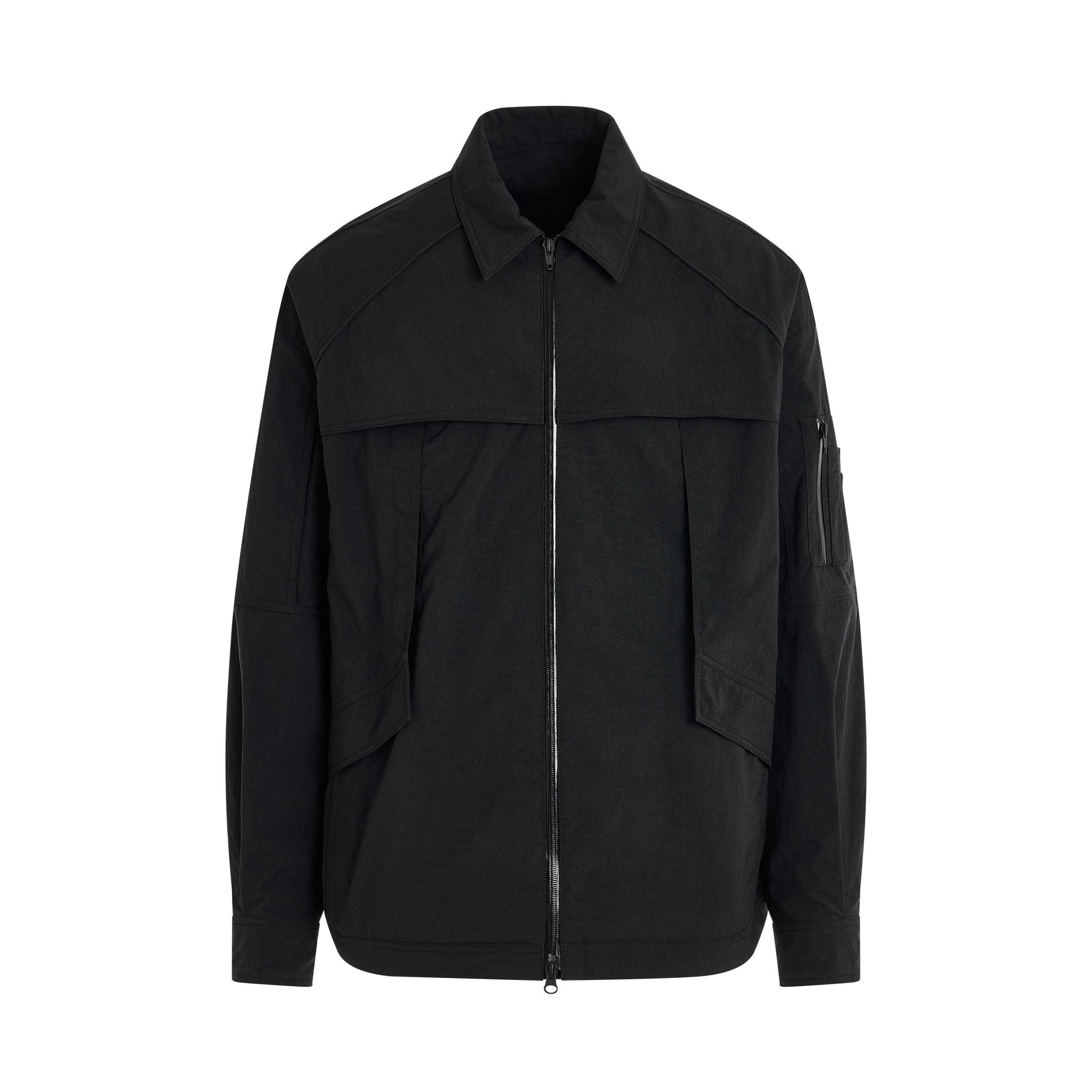 Nylon Military Detail Zip-up Shirts in Black