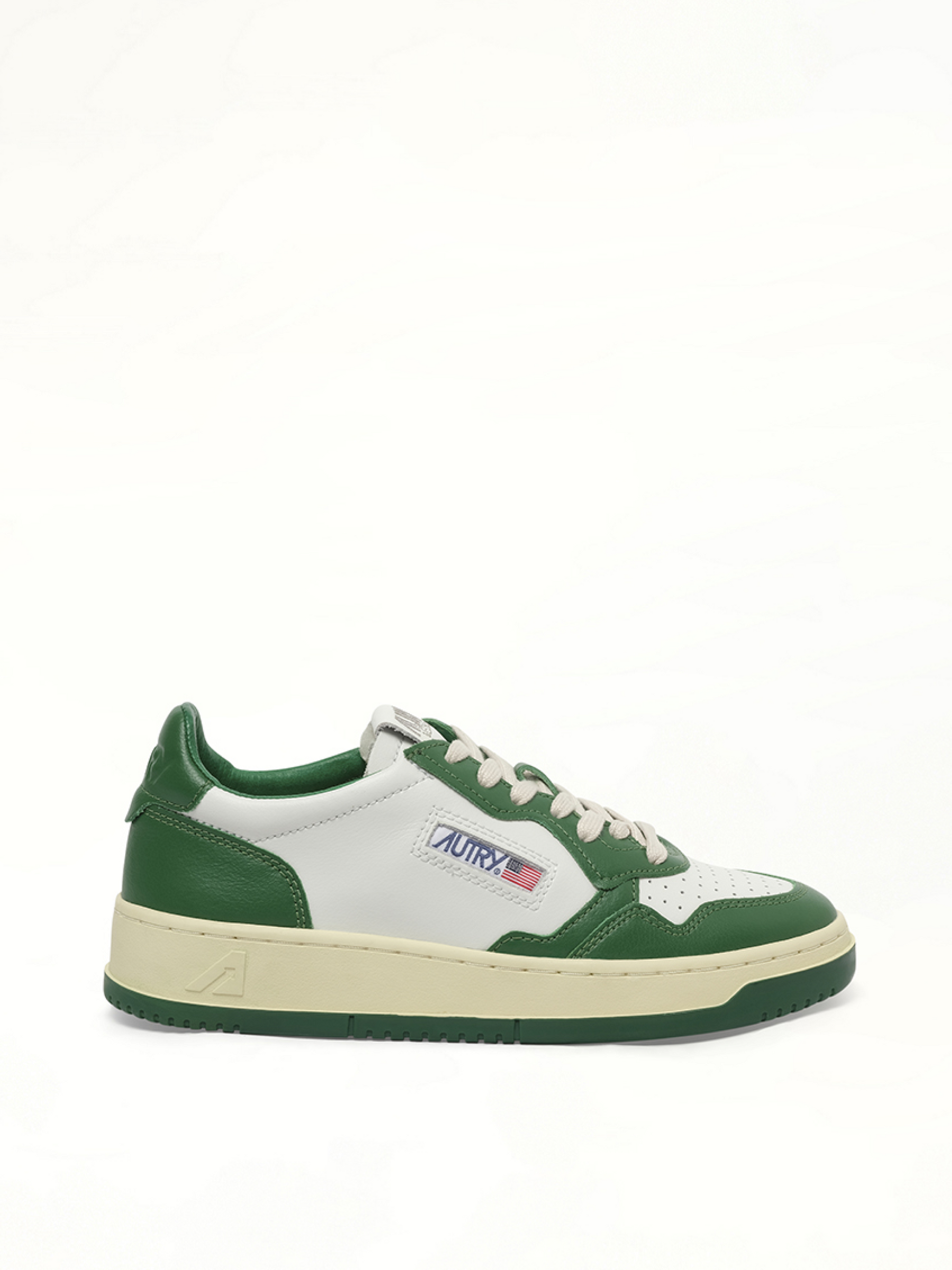 Medalist Low Bicolour Sneakers in White/Green Side View | AUTRY