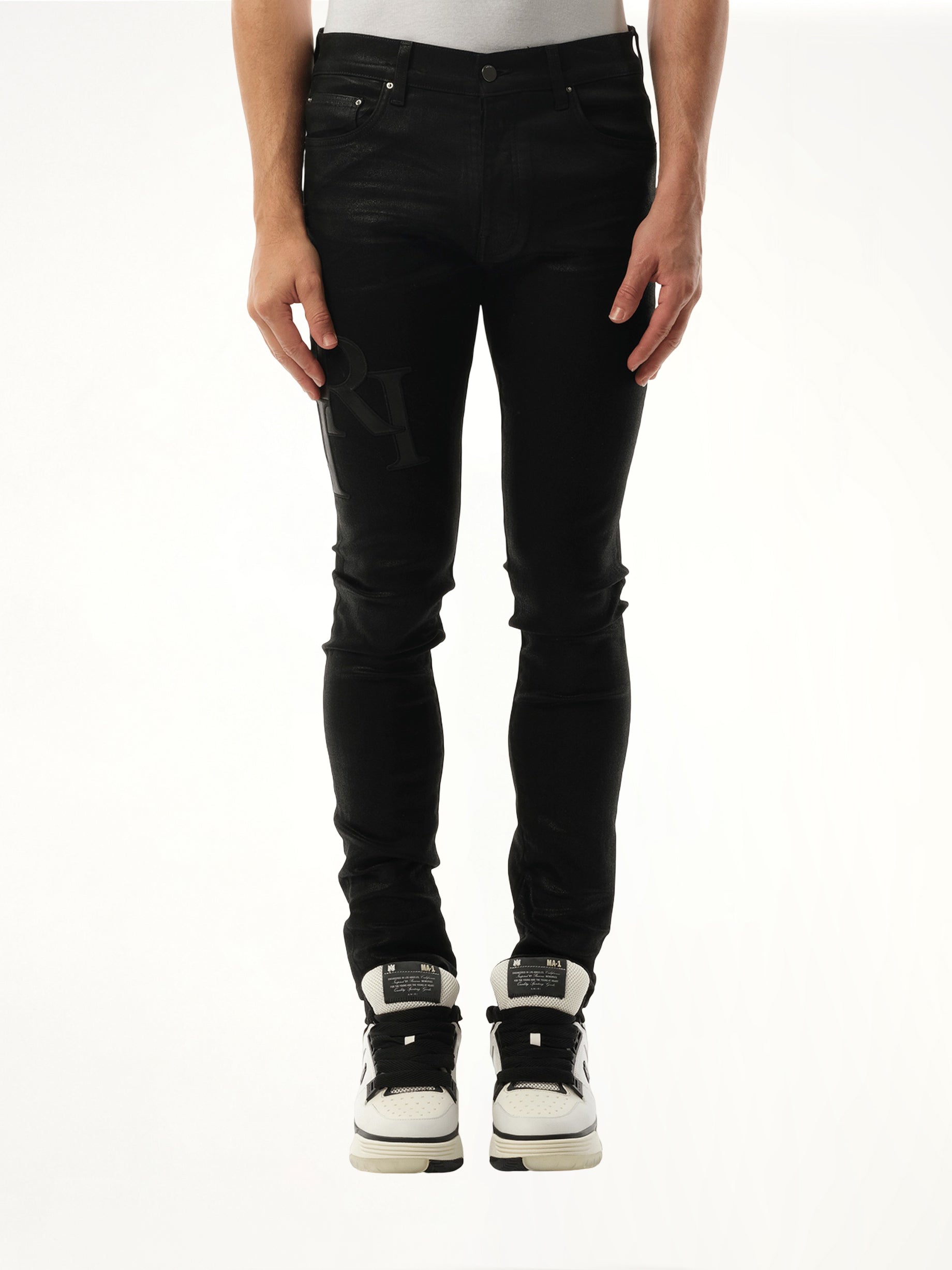 Waxed Staggered Logo Skinny Jeans in Black Wax