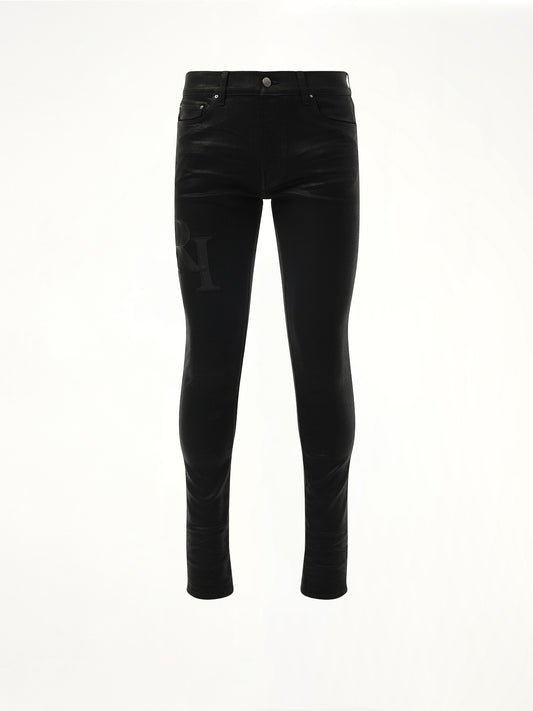 Waxed Staggered Logo Skinny Jeans in Black Wax