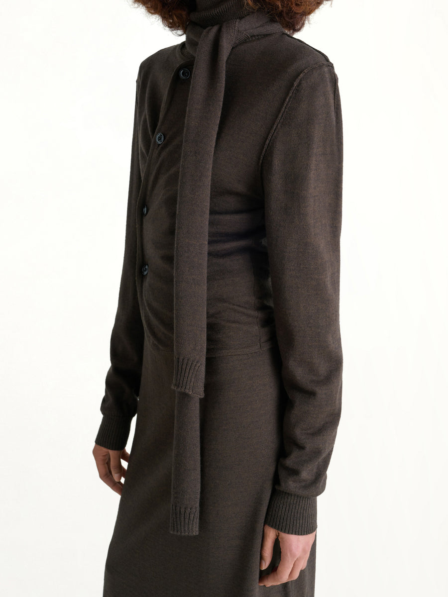 Twisted Cardigan With Scarf in Dark Cacao