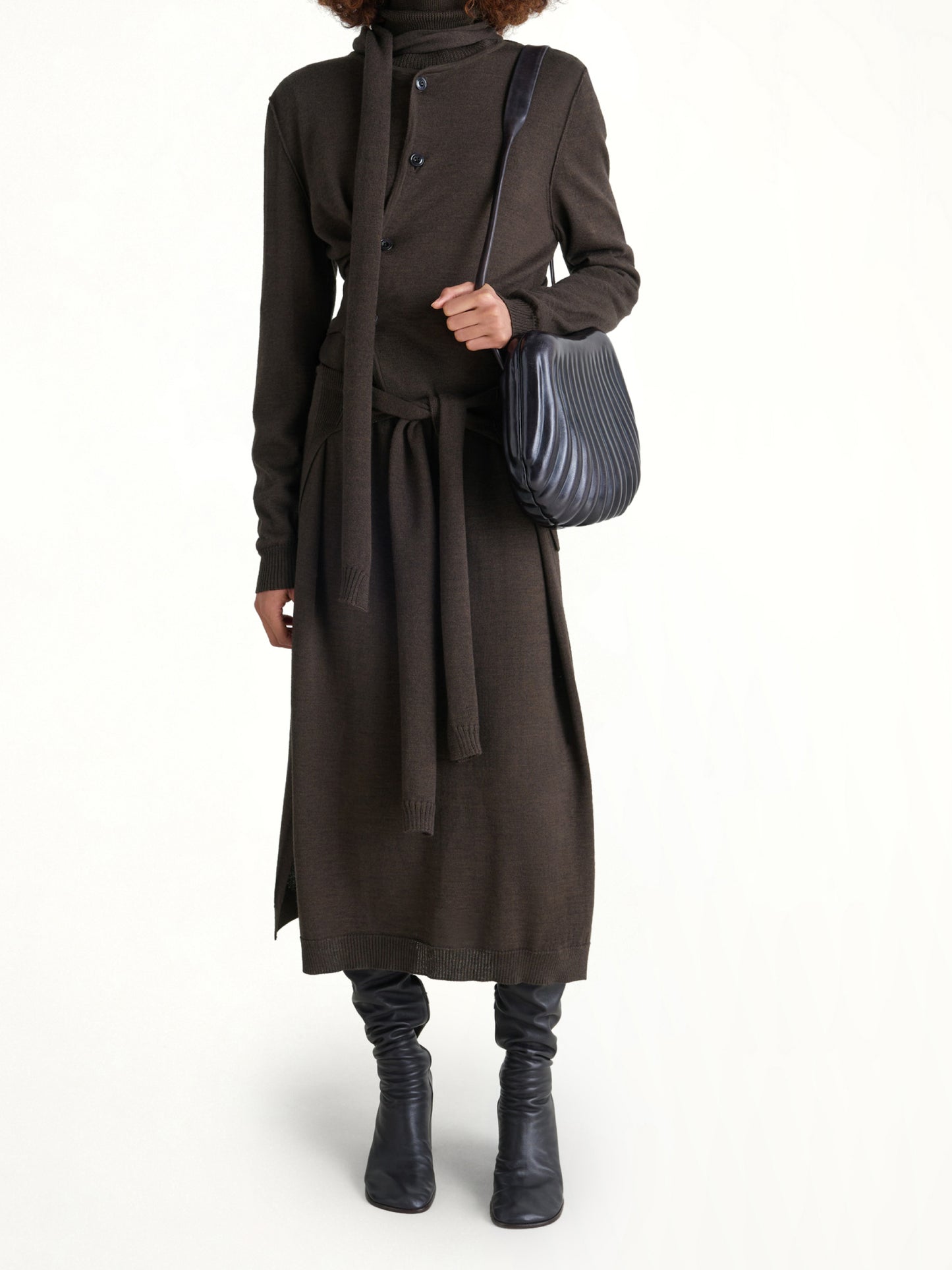 Twisted Cardigan With Scarf in Dark Cacao