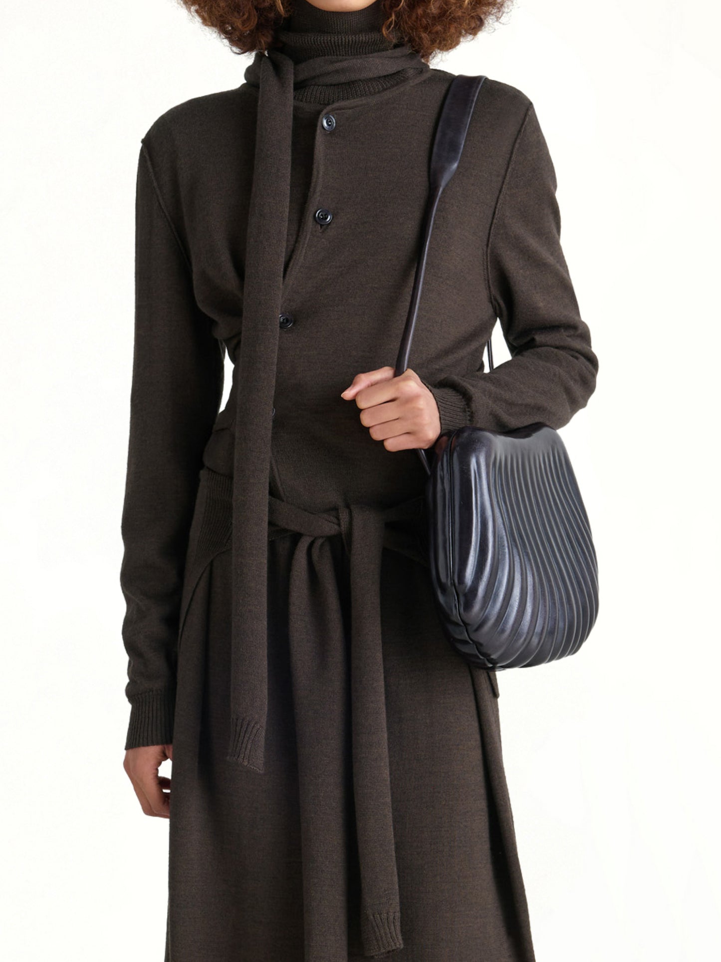 Twisted Cardigan With Scarf in Dark Cacao