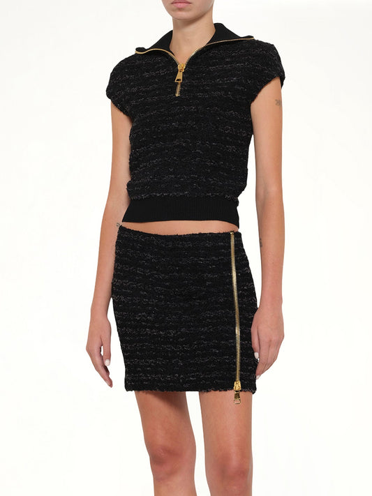 Zipped Short Sleeve Knit Tweed Top in Black