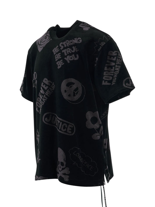 All Over Logo Velour T-Shirt in Charcoal