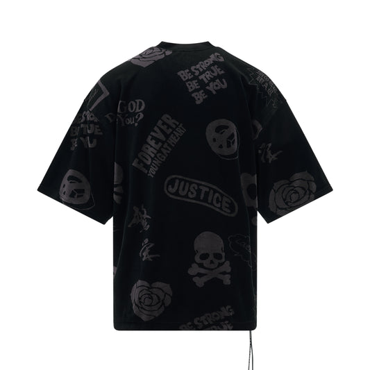 All Over Logo Velour Boxy Fit T-Shirt in Black Charcoal