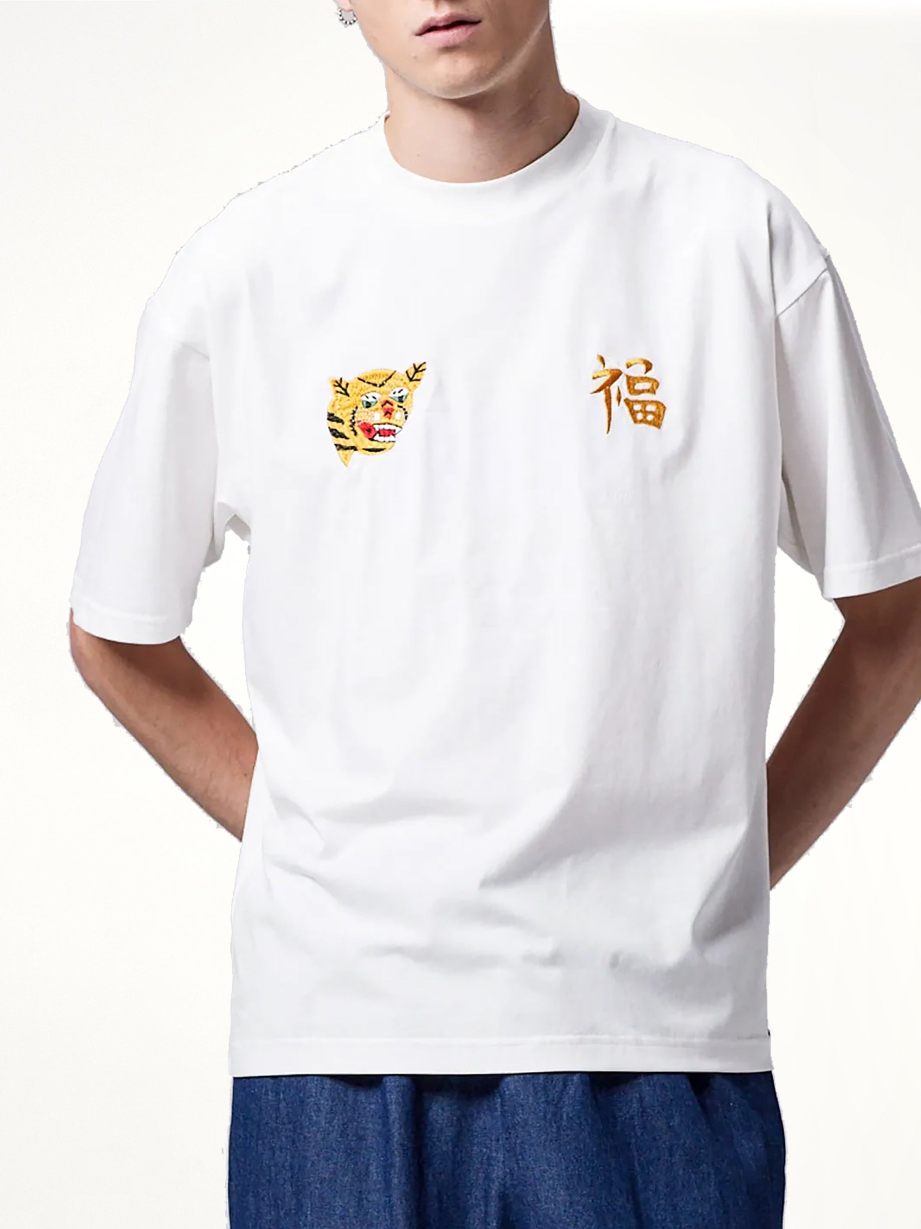 Front Side Embroidery Tiger T-Shirt in Off White