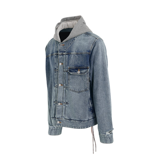 Hooded Logo Denim Trucker Jacket in Indigo