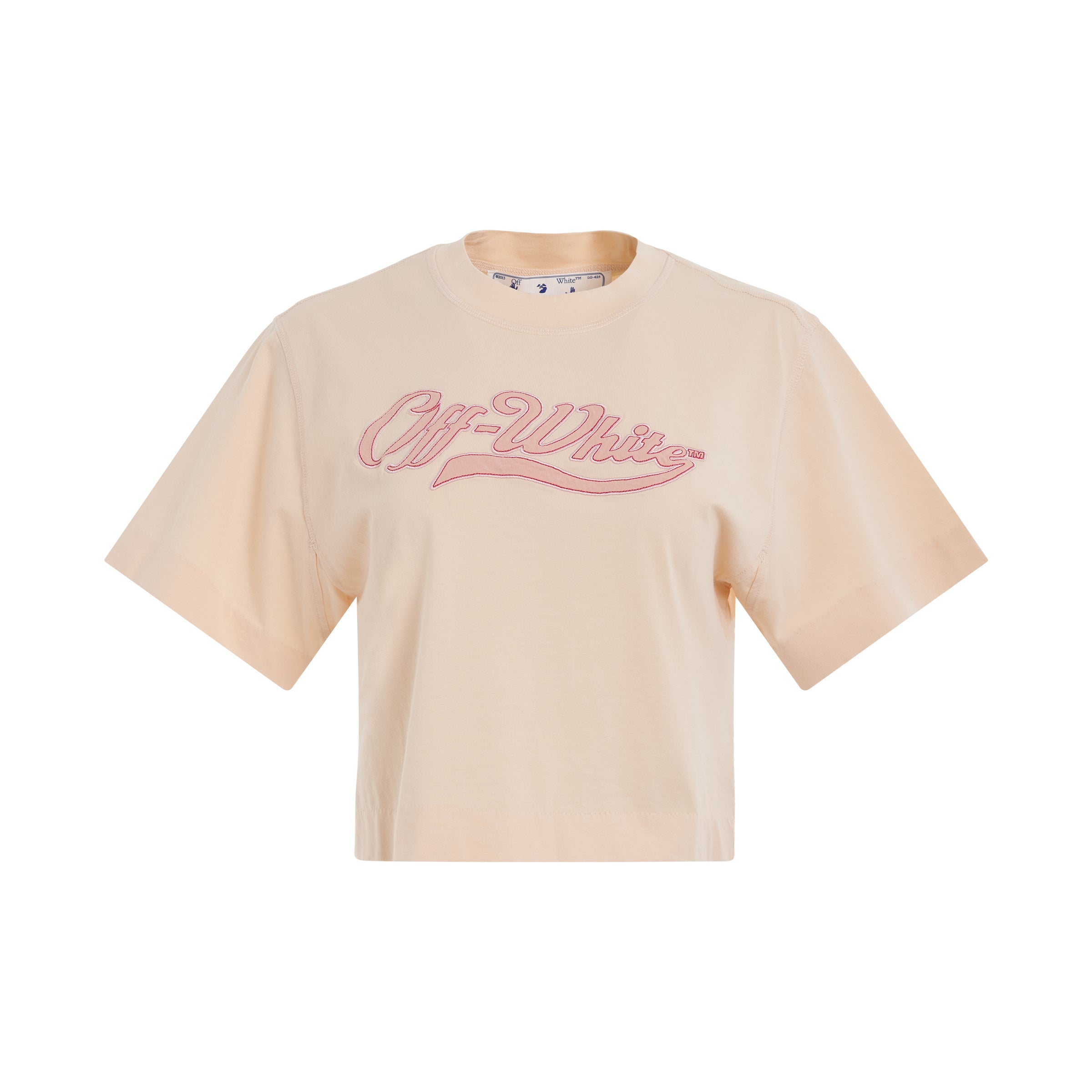 Embroidered Baseball Logo Crop T-Shirt in Nude/Fuchsia