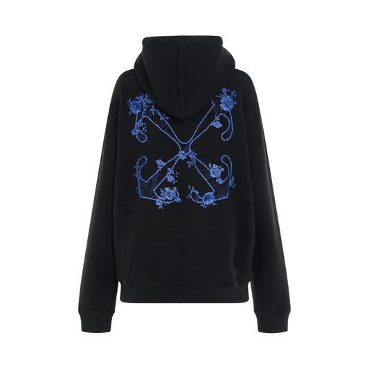 Embroidered Flower Arrow Regular Fit Hoodie in Black