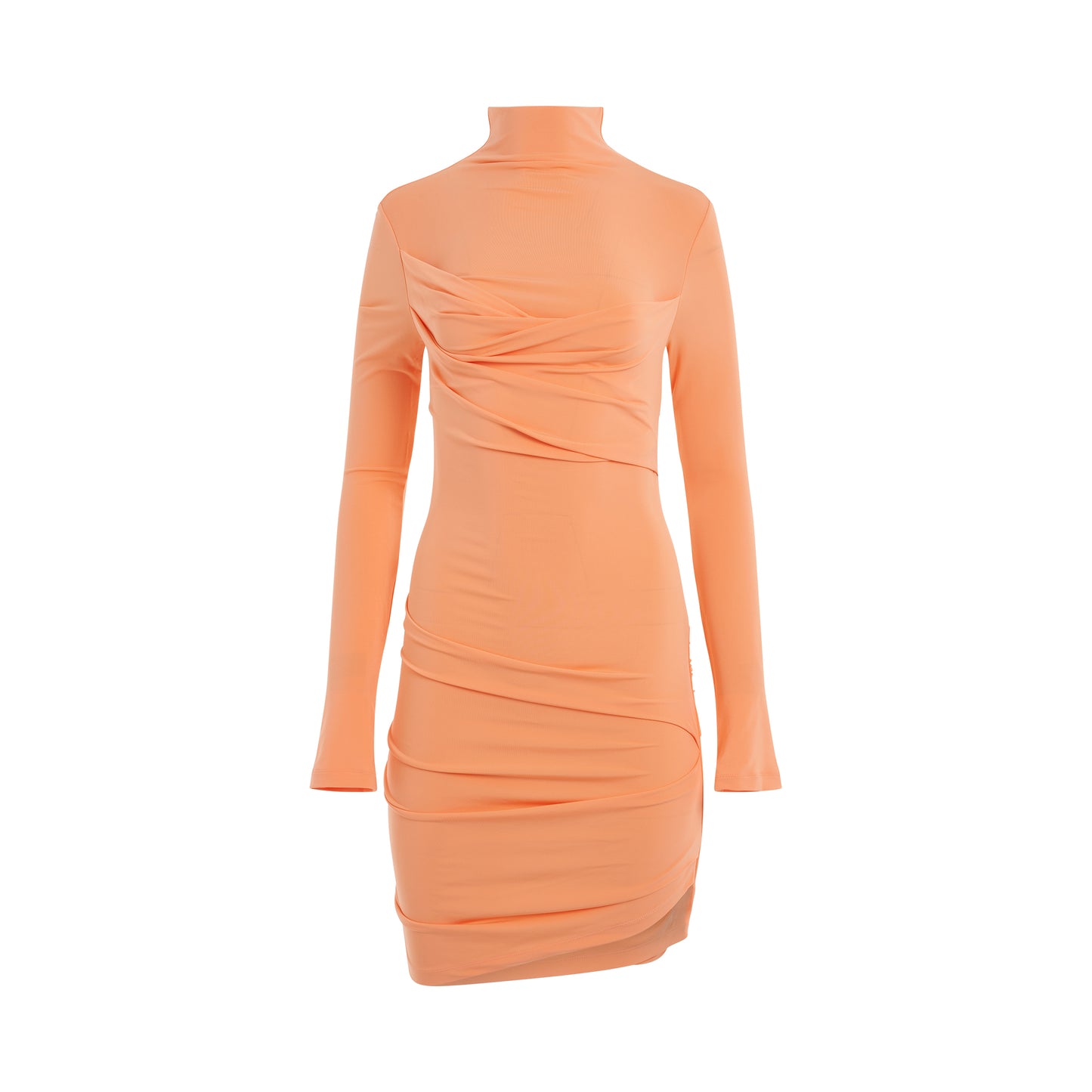 Viscose Crepe Twist Long Sleeve Dress in Peach/Orange