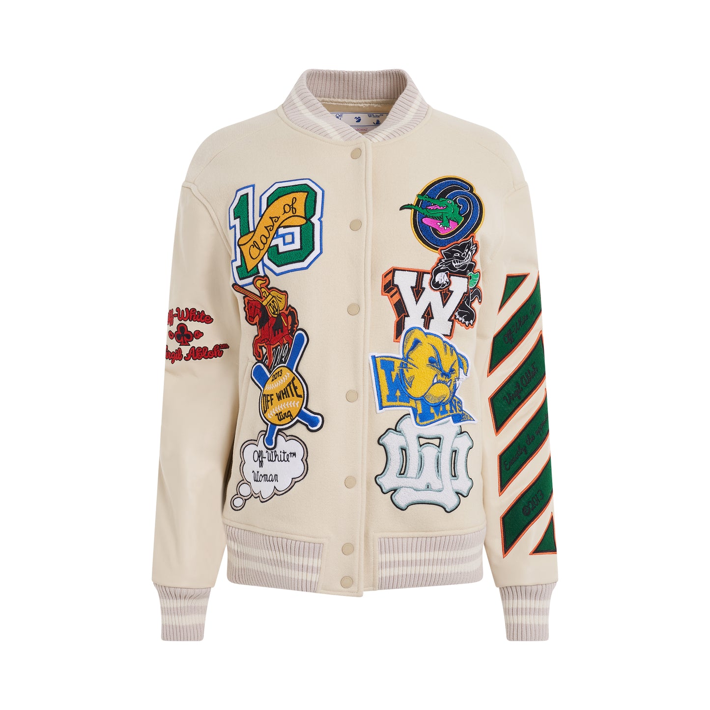 Wool Embroidered Slogan Patch Varsity Jacket in White