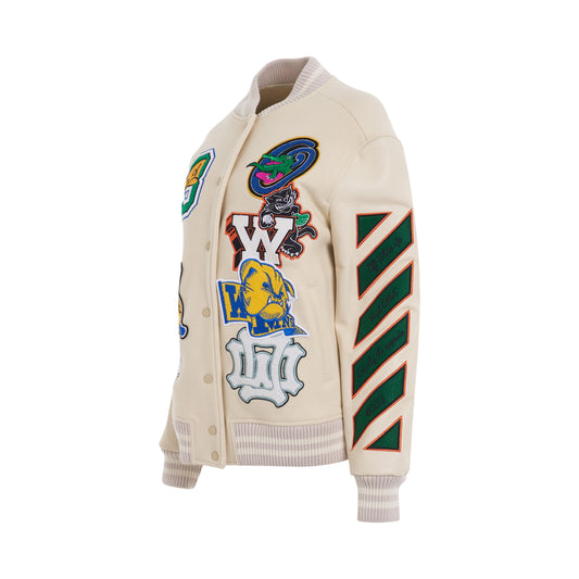 Wool Embroidered Slogan Patch Varsity Jacket in White