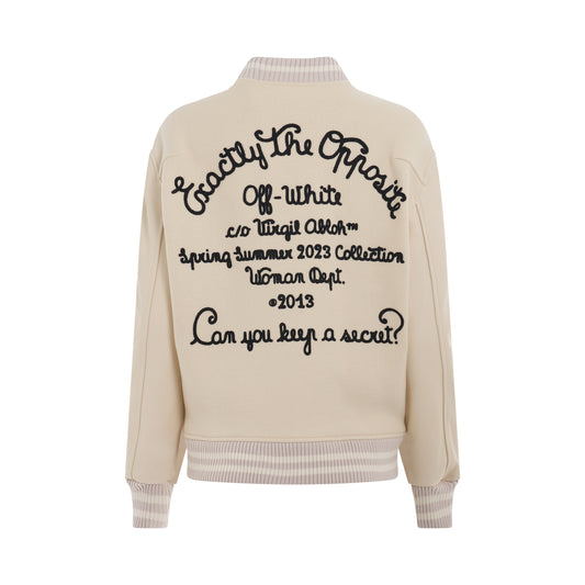 Wool Embroidered Slogan Patch Varsity Jacket in White