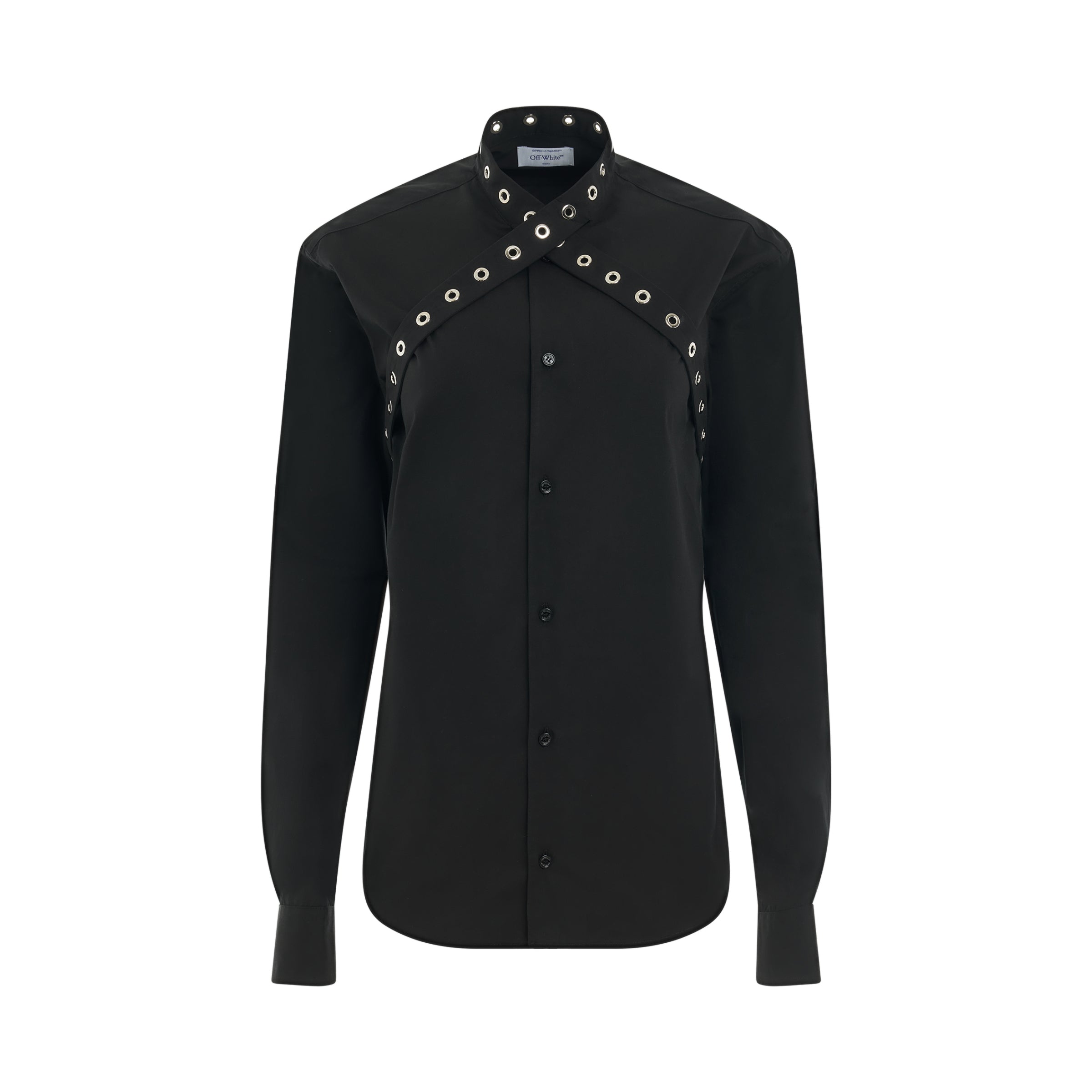 Poplin Belt Eyelets Cross Shirt in Black