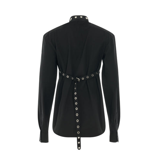 Poplin Belt Eyelets Cross Shirt in Black