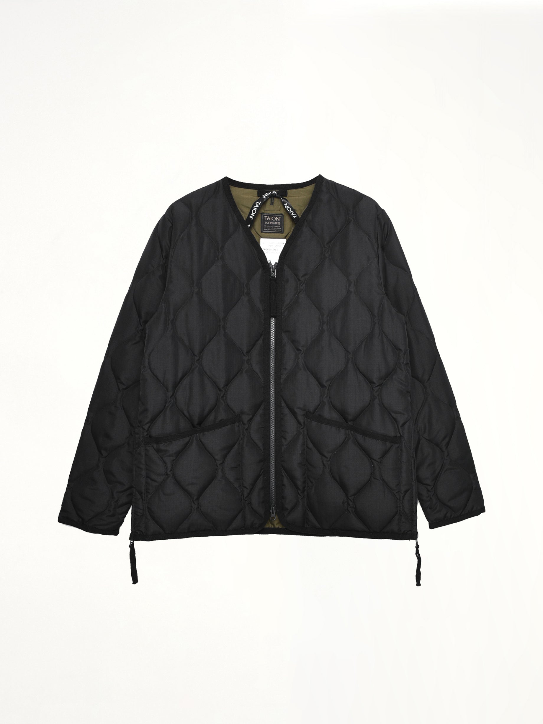 Military W-Zip V Neck Down Jacket in Black