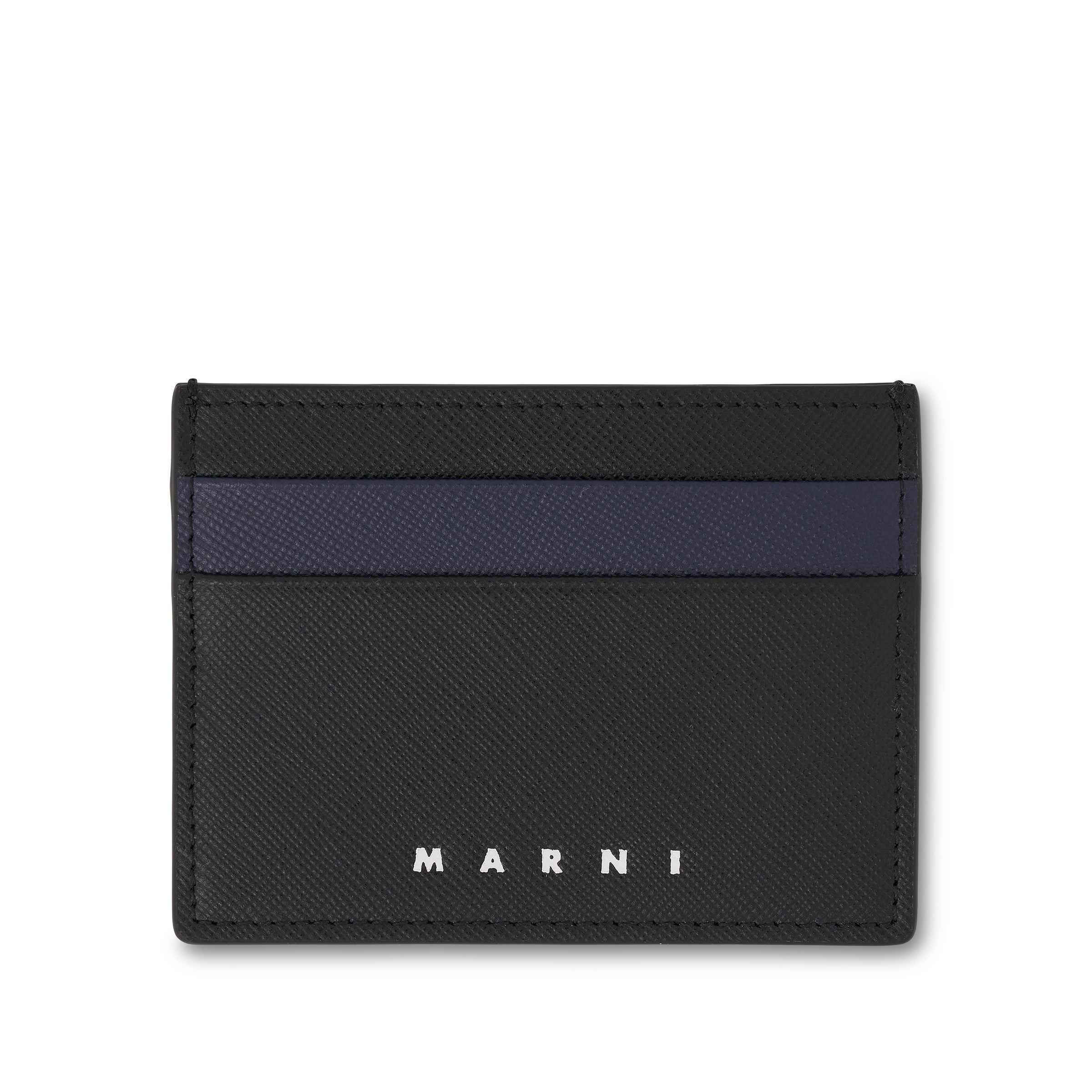 Printed Logo Saffiano Leather Credit Card Case in Black/Blue