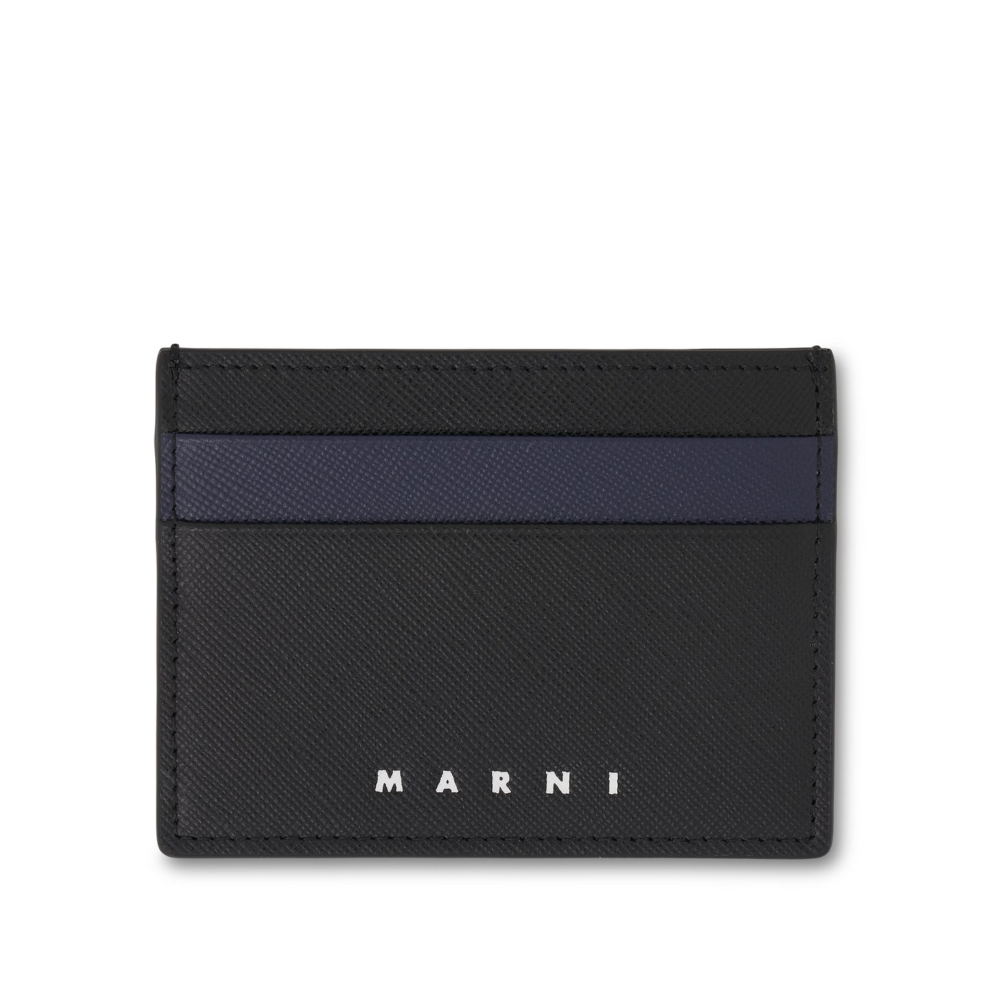 Printed Logo Saffiano Leather Credit Card Case in Black/Blue