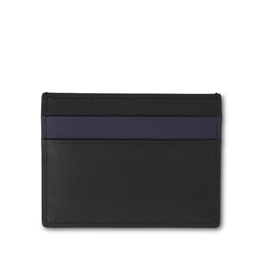 Printed Logo Saffiano Leather Credit Card Case in Black/Blue