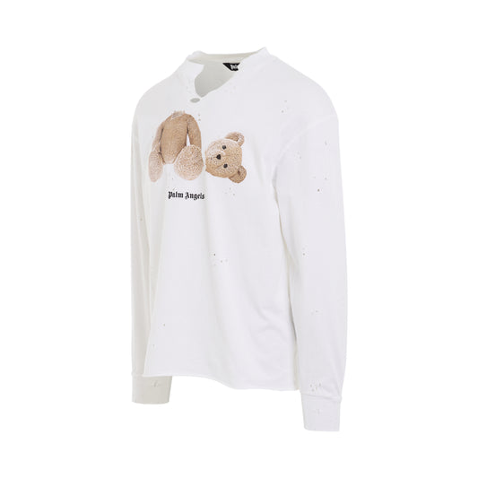 PA Bear Ripped Long Sleeve T-Shirt in White/Brown