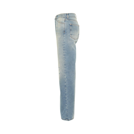 Monogram Embroidered Loose 5 Pockets Denim Jeans in Light Blue