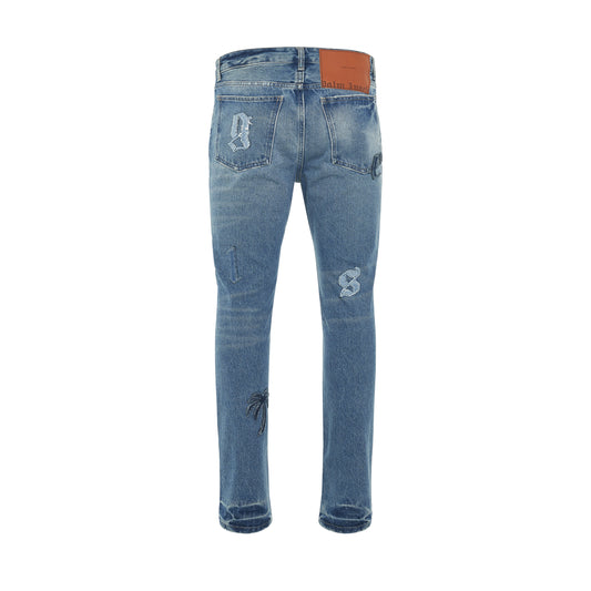 Logo Denim Patch 5 Pockets Pants in Light Blue