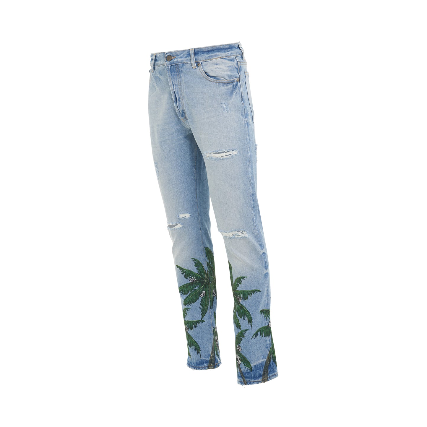 Loose Wash Palms Regular Fit 5 Pockets Denim Pants in Light Blue/Green