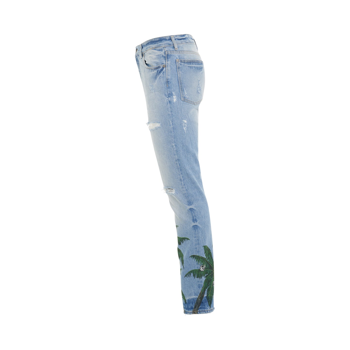 Loose Wash Palms Regular Fit 5 Pockets Denim Pants in Light Blue/Green