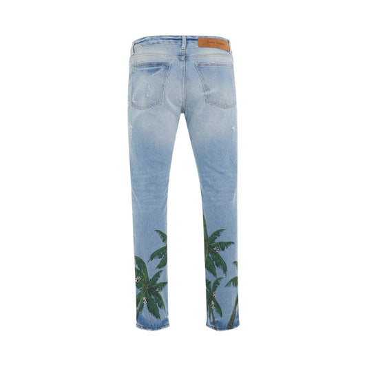 Loose Wash Palms Regular Fit 5 Pockets Denim Pants in Light Blue/Green