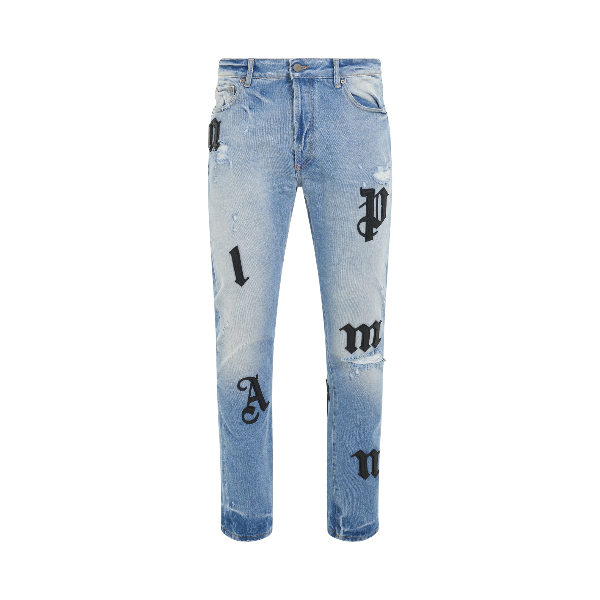 Loose Wash Logo Patch Regular Fit 5 Pockets Denim Pants in Light Blue