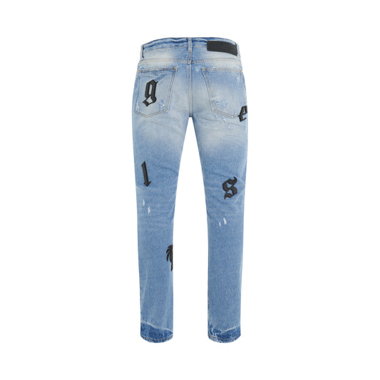 Loose Wash Logo Patch Regular Fit 5 Pockets Denim Pants in Light Blue