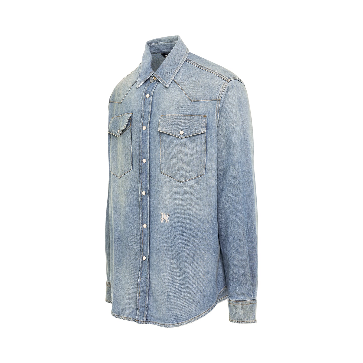 Monogram Embroidered Denim Shirt in Light Blue