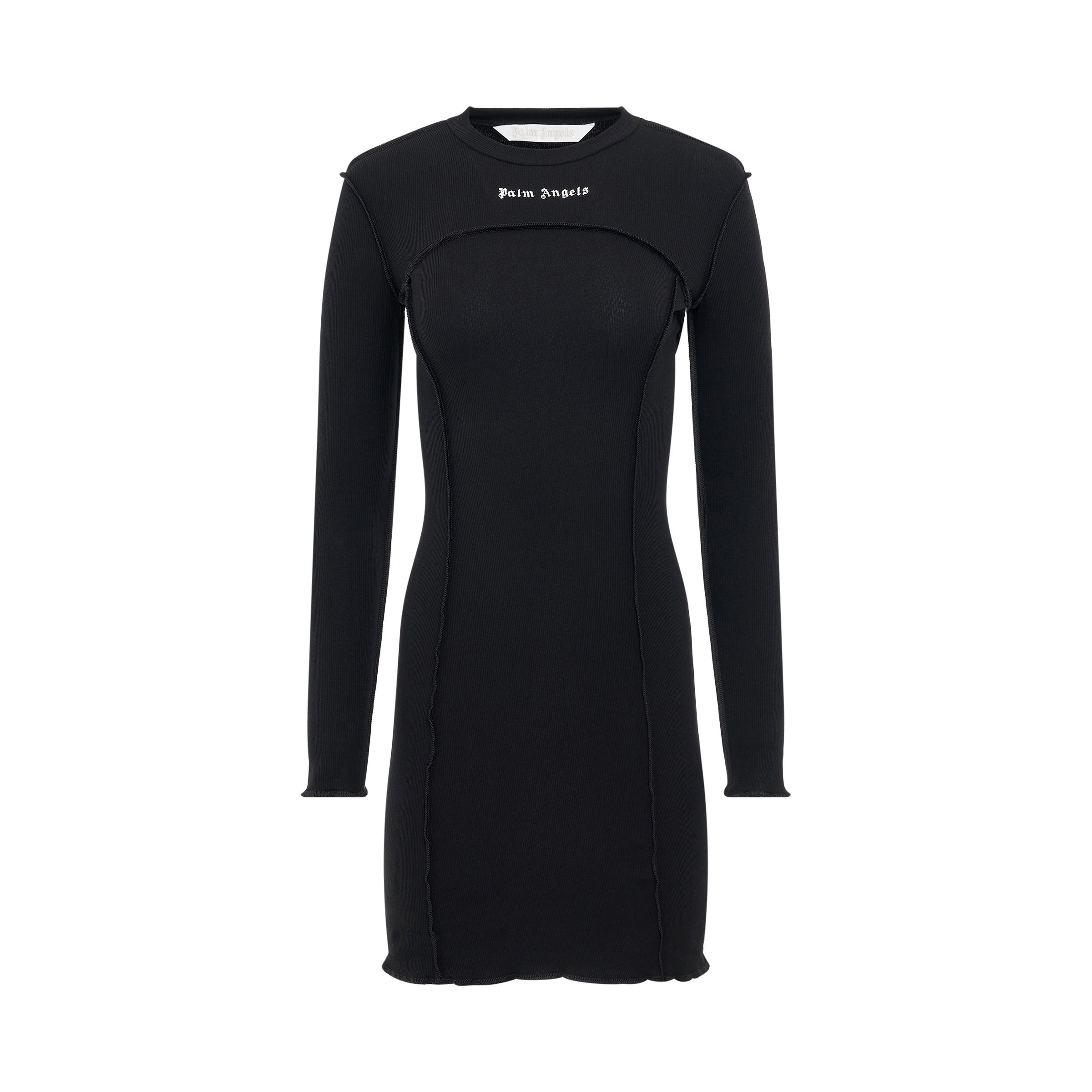 Logo Rib Long Sleeve Dress in Black/Off White