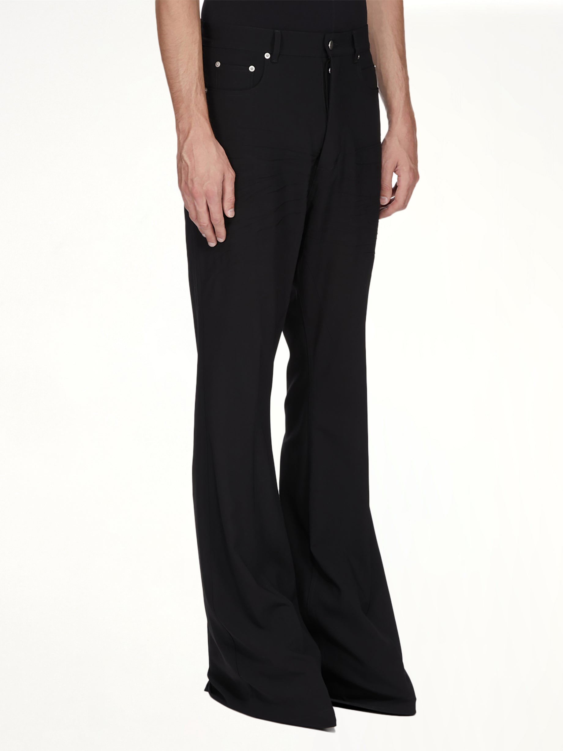 RICK OWENS Wool Bolan Bootcut in Black Side View from MARAIS