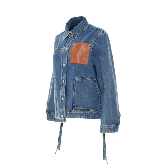 Leather Patch Workwear Jacket in Jeans Blue