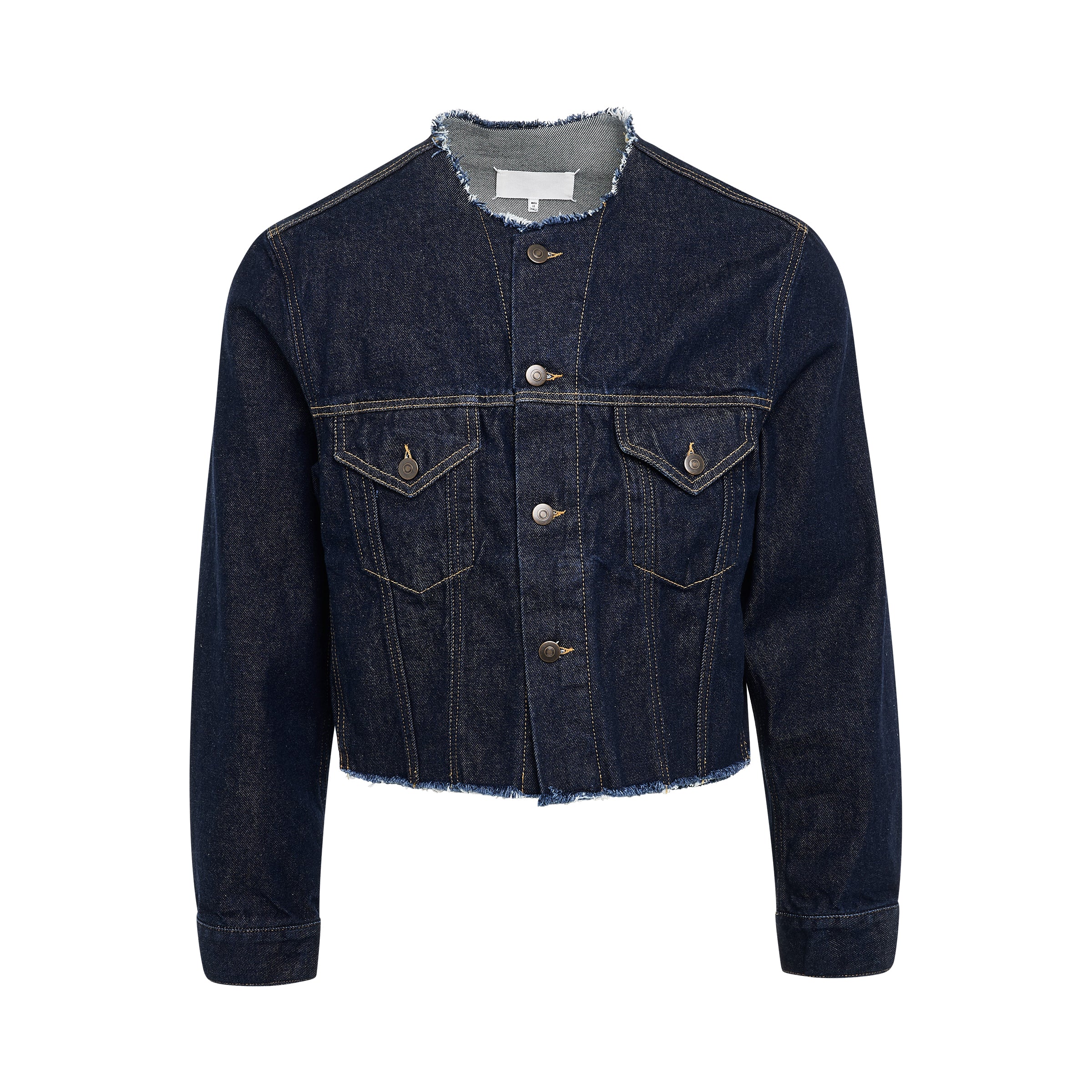 Collarless Cut-Out Denim Jacket in Indigo