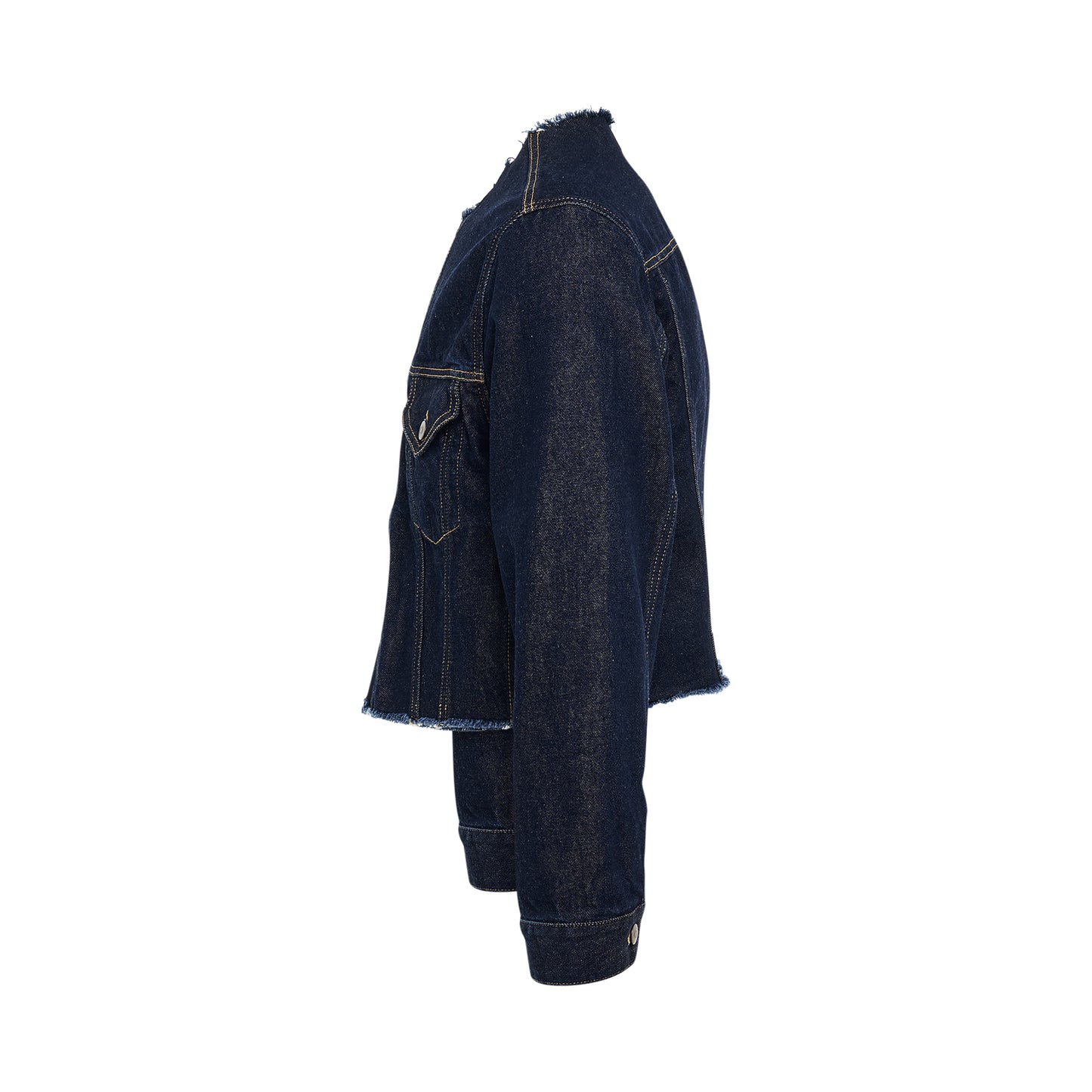 Collarless Cut-Out Denim Jacket in Indigo