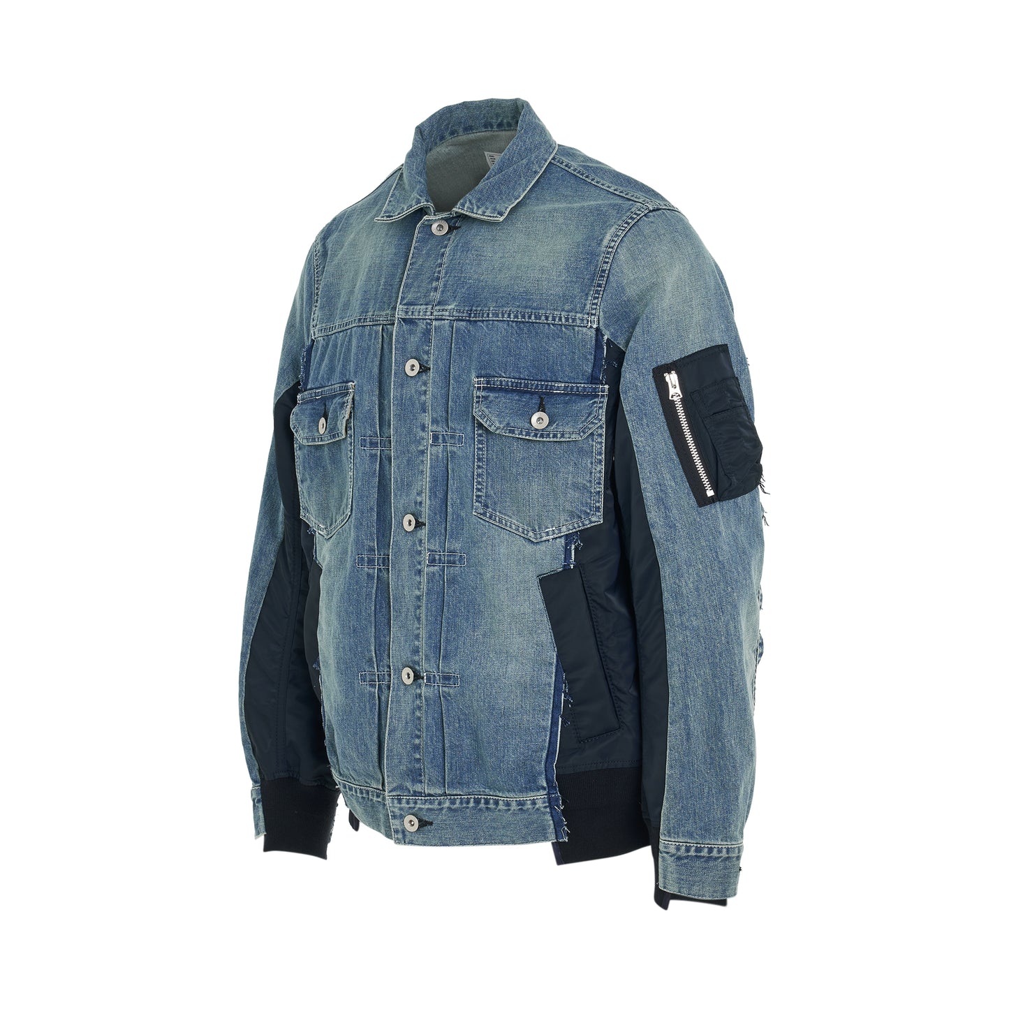 Denim x Nylon Twill Bomber Jacket in Light Blue