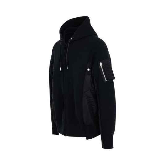 Sponge Sweat & Nylon Twill Zip Hoodie in Black