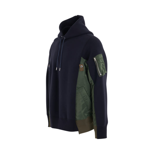 Sponge Sweat x Nylon Twill Panelled Hoodie in Navy/Khaki