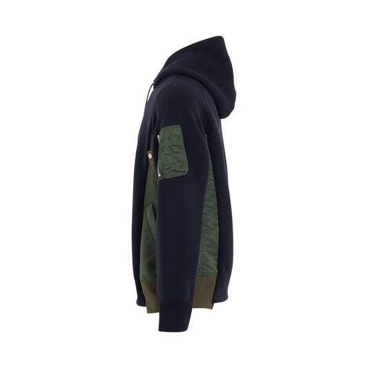 Sponge Sweat x Nylon Twill Panelled Hoodie in Navy/Khaki