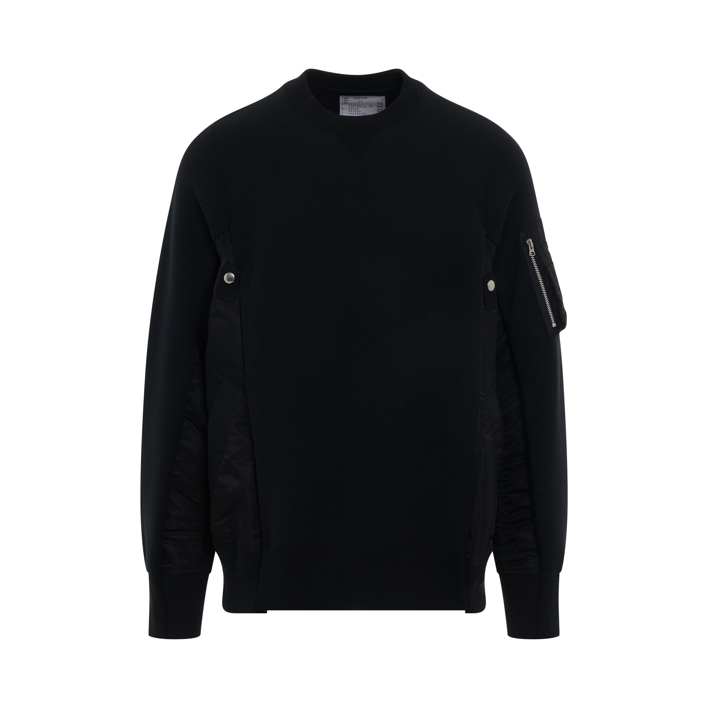 Sponge Knit Sweater x Nylon Twill Pullover in Black