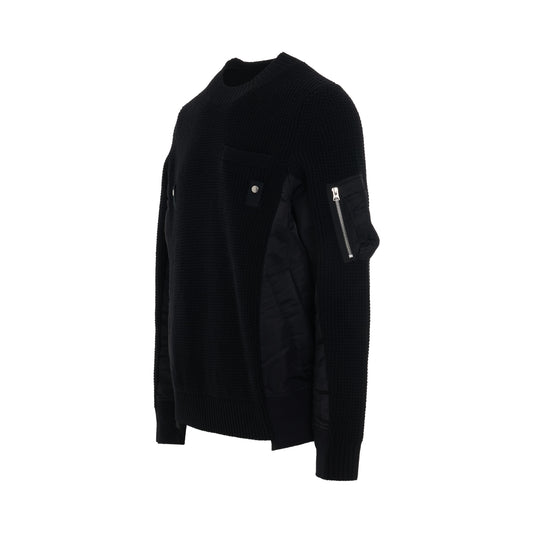 Nylon Twill x Wool Knit Pullover in Black