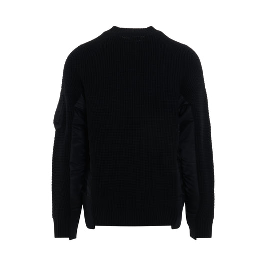 Nylon Twill x Wool Knit Pullover in Black