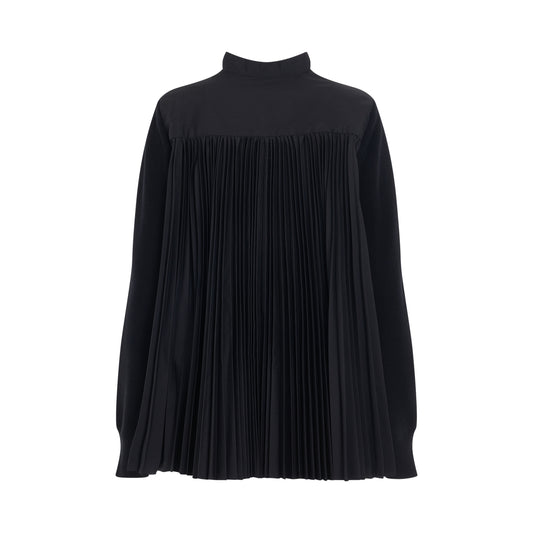 Pleated Panel Cotton Cardigan in Black