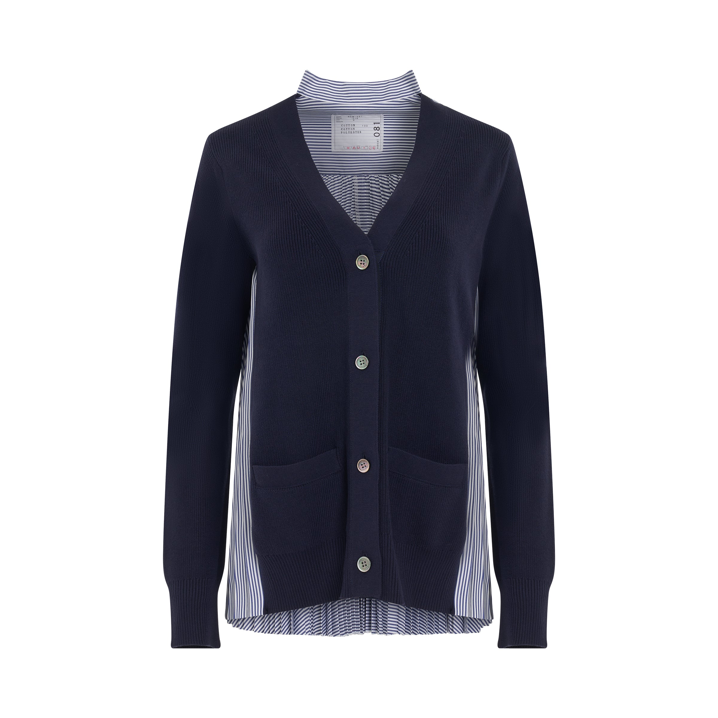 Pleated Panel Cotton Cardigan in Navy/Stripe