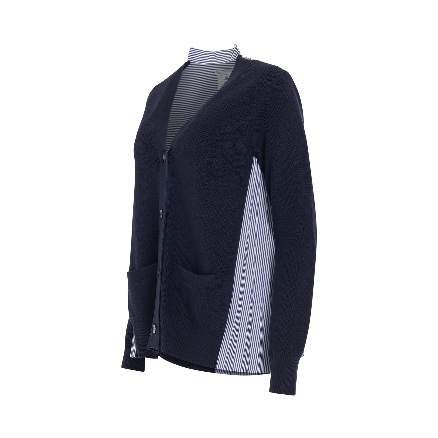 Pleated Panel Cotton Cardigan in Navy/Stripe