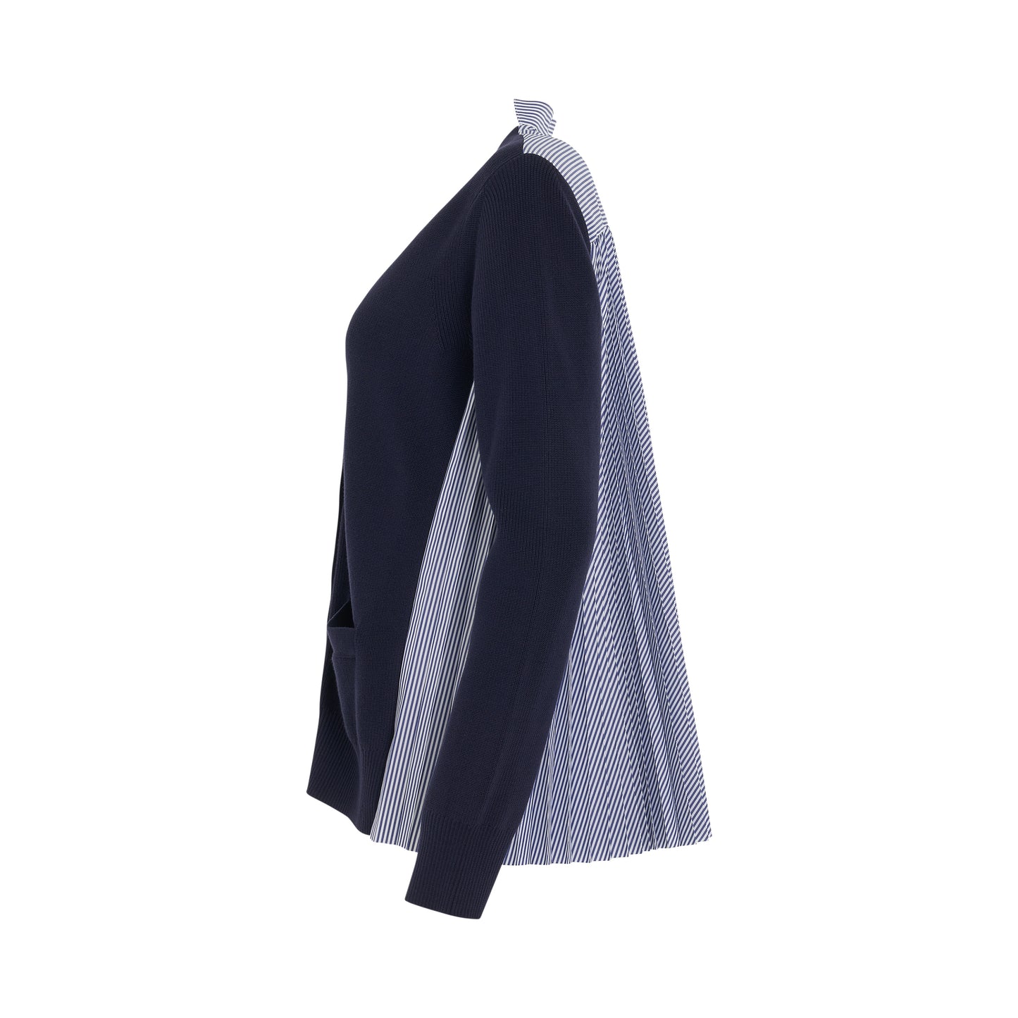 Pleated Panel Cotton Cardigan in Navy/Stripe